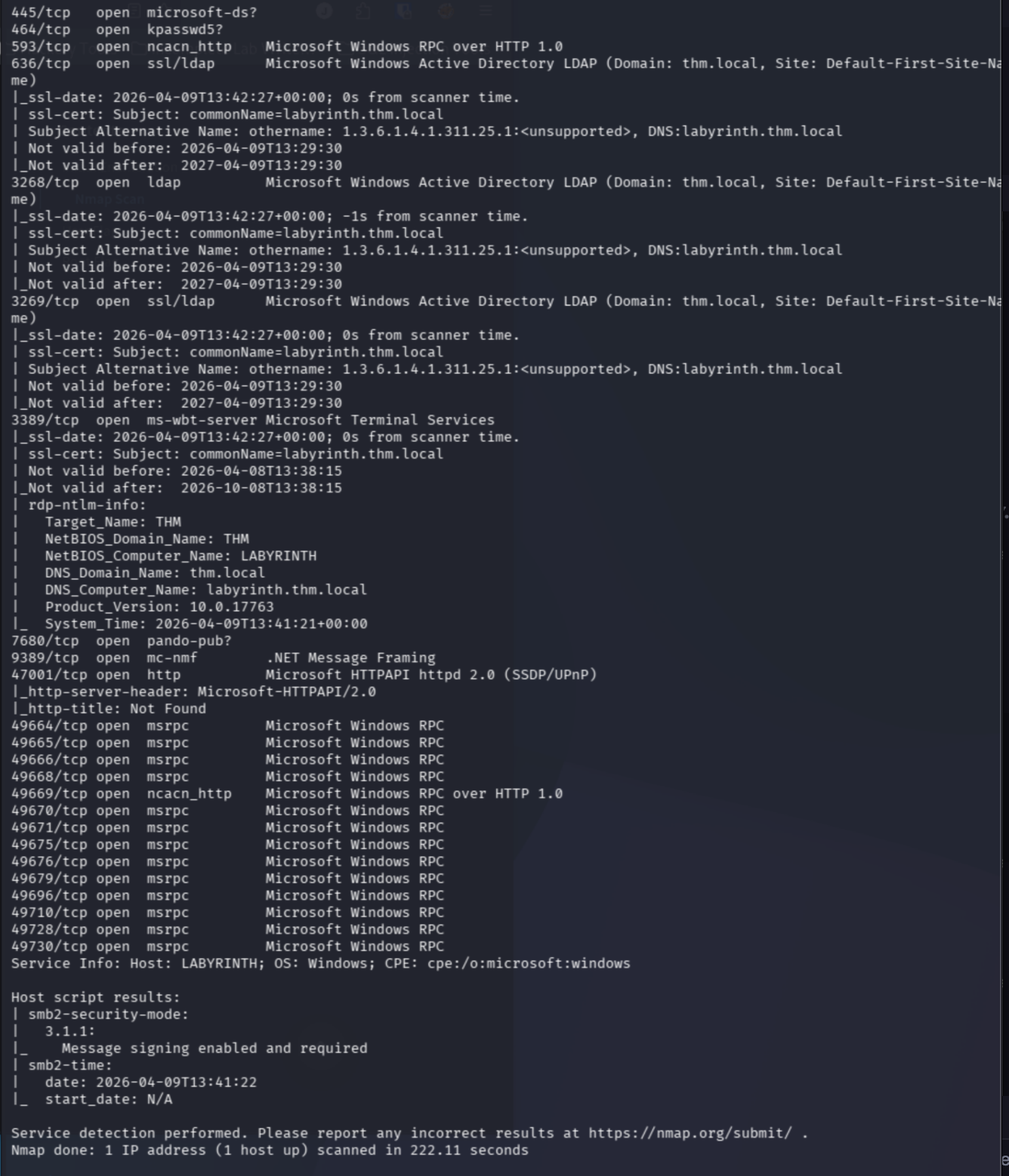 Full port results — LABYRINTH hostname, thm.local domain, certificate services present